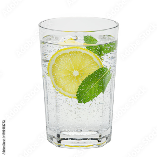 A refreshing glass of water infused with lemon and mint for a healthy lifestyle choice isolated on white background