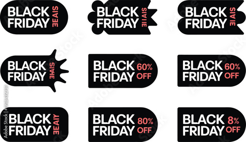 Set of Black Friday sale tags and icons with various discount percentages and playful 'SALE' text, in diverse shapes like circles and polygons.