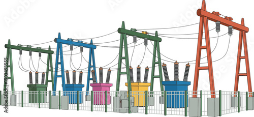 Colorful electrical power substation illustration isolated on white background, high voltage transformers and transmission lines, energy distribution infrastructure concept
