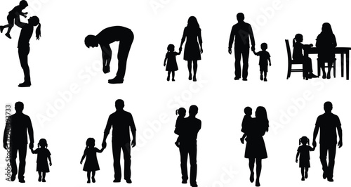 Adult child silhouette icon set, family interaction illustration, parenting activity graphic pack, lifestyle design artwork, black and white vector