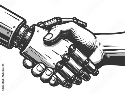 human hand shaking a robotic hand, representing technology partnership and human-AI cooperation sketch engraving generative ai vector illustration. Scratch board imitation. Black and white image.