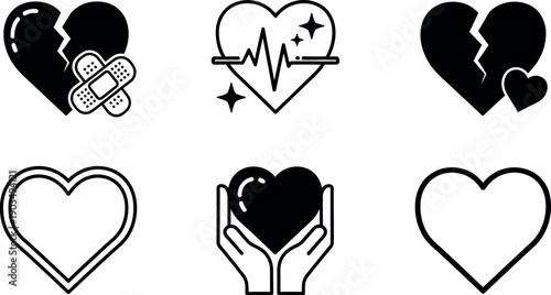 Collection of heart icons with various designs isolated on transparent background