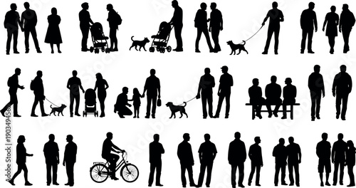 Fotografie Silhouettes of people walking standing and interacting isolated on transparent b