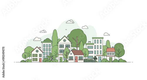 Charming minimalist village cityscape with trees and clouds, flat design