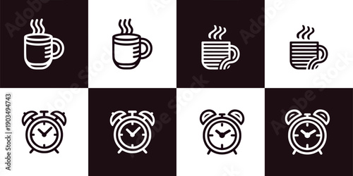 Icon Set Vector of 4 Line Icons of Hot Drink Mug and Alarm Clock Concepts