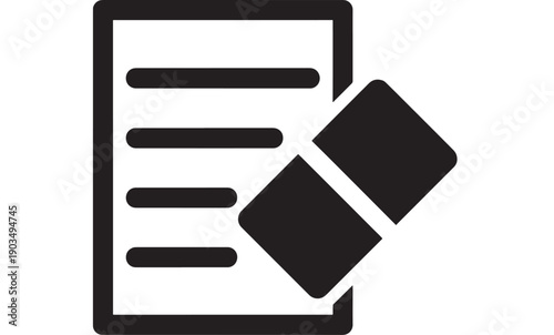 Document edit icon with pencil overlay, black glyph symbol for writing, proofreading, form update, contract revision and text editor interface isolated on white