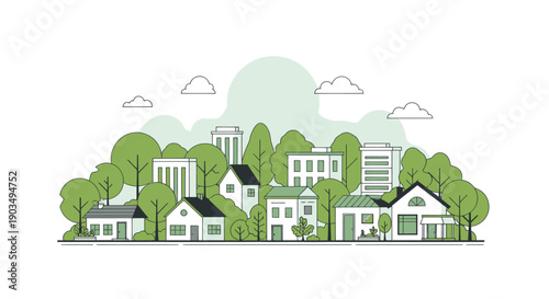 Cozy Neighborhood Landscape with Green Trees and Houses, Flat Design Illustration