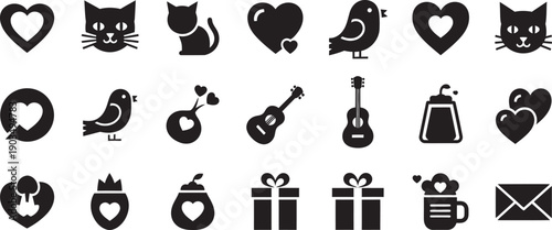 Black icons of hearts animals music gifts and more isolated on transparent background
