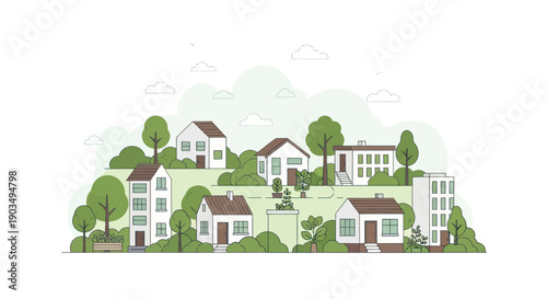 Charming village scene with houses on green hills and trees, flat illustration style