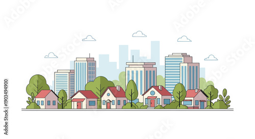 Modern Cityscape with Houses and Green Trees, Flat Illustration Style