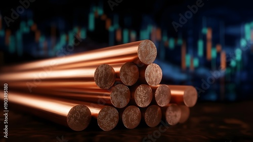 Digital display showing copper bars with stock market charts