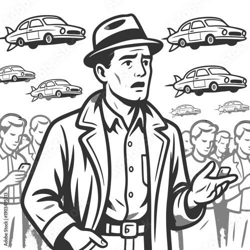 stern man among phone-absorbed clones, with flying cars overhead, symbolizing failed futuristic ideals sketch engraving generative ai vector illustration. Scratch board imitation. Black and white.
