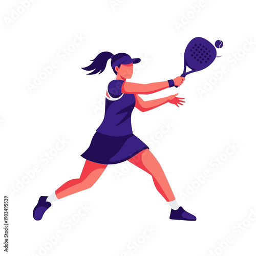 Woman playing padel tennis, hitting ball with racket, dynamic action shot