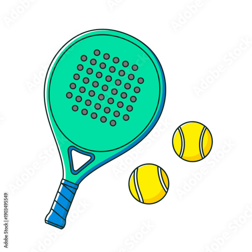 Turquoise Padel Racket with Two Yellow Balls on White Background, Sport Equipment