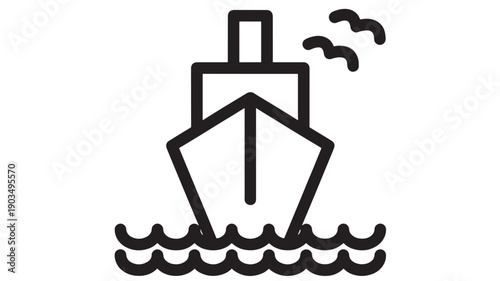 Ship icon with bow view sailing on waves, minimalist black outline vector symbol for marine transport, nautical travel, shipping logistics, and sea navigation apps