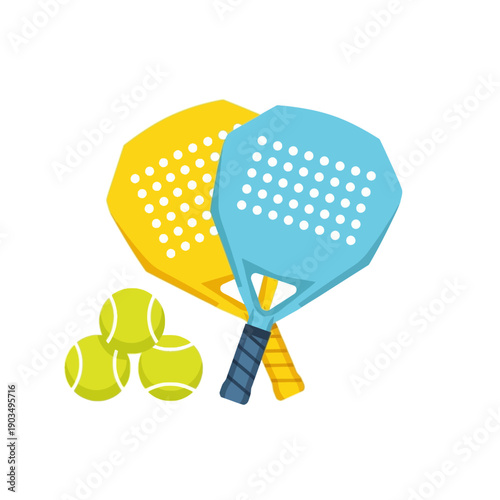 Two Colorful Paddle Tennis Racquets with Three Tennis Balls, Flat Design Illustration