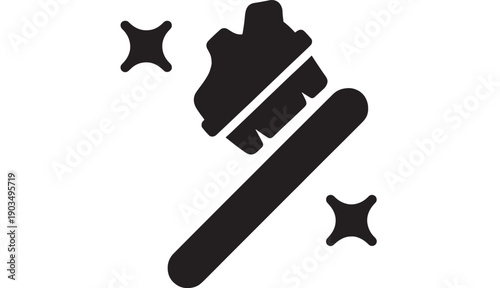 Gavel judge auction icon with sparkle effects, bold black silhouette vector isolated on white background, legal court hammer symbol for justice, law, verdict, auction