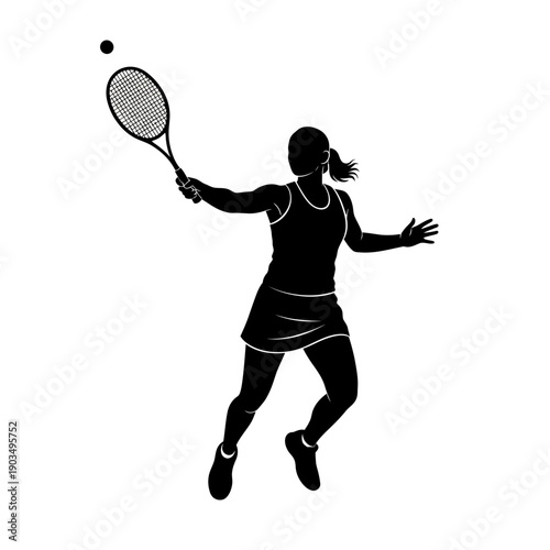 Woman Tennis Player Silhouette Swinging Racket Hitting Ball On White Background
