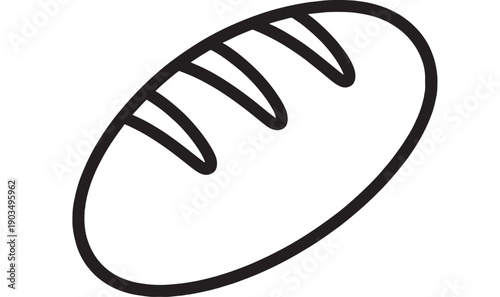 Bread loaf icon with simple black outline, minimal bakery symbol isolated on white background, cartoon style food pictogram for menu, logo, label, or app UI