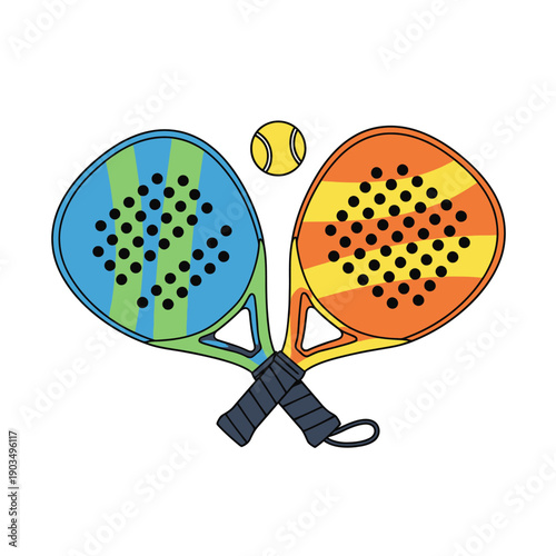 Colorful Paddle Tennis Rackets and Ball Illustration, Sport Equipment