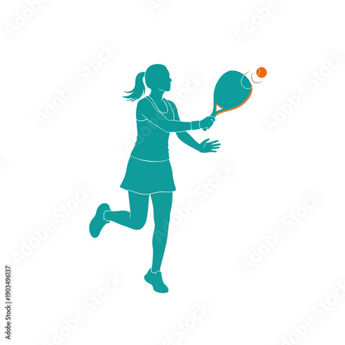 Woman playing tennis, silhouette of female athlete hitting ball with racket
