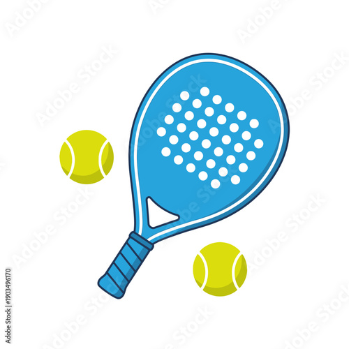 Blue Padel Racket and Tennis Balls Icon, Sport Equipment Illustration