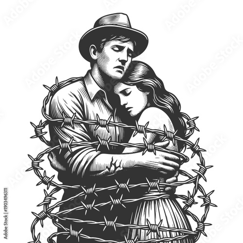  man and woman hugging while entangled in barbed wire, symbolizing painful, damaging relationships sketch engraving generative ai vector illustration. Scratch board imitation. Black and white image.
