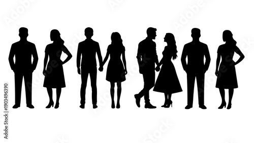 Silhouette of Men and Women Standing and Holding Hands, Vector Illustration