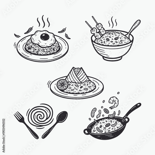 Vintage Hand-Drawn Set of Nasi Goreng (Indonesian Fried Rice) Dishes and Cooking Elements