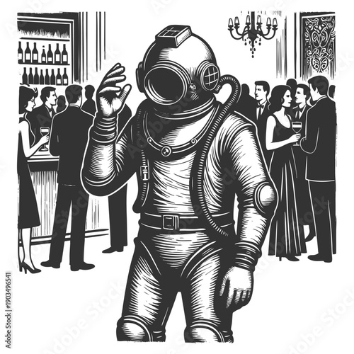 deep-sea diver awkwardly placed in a formal ballroom party, symbolizing social anxiety sketch engraving generative ai fictional character vector illustration. Scratch board imitation. Black and white.