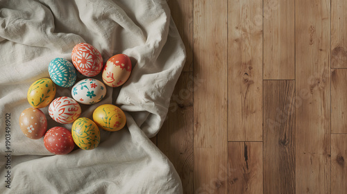 Uova di Pasqua decorate a mano su tessuto di lino e pavimento in legno con spazio per testo. Generative AI