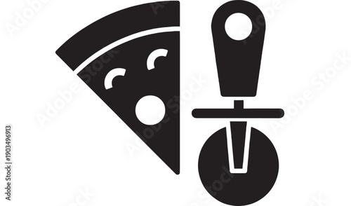 Pizza cutter icon set with slice and wheel slicer silhouettes, minimal black glyph symbols for kitchen utensils, pizzeria menu, food delivery app UI isolated on white