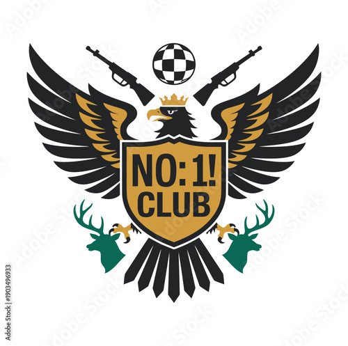 Eagle With Crown And Rifles, Shield Club No.1 Logo Vector Illustration Heraldic Badge Military Style Icon Emblem Design