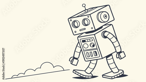 Minimalist robot in cartoon style, simple shapes, high contrast, focus on legibility.