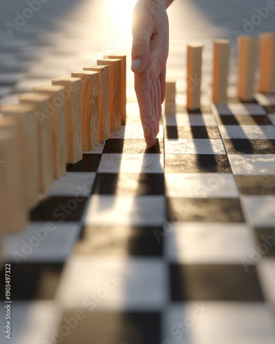 Hand stops row of falling dominoes on checkered surface, symbolizing intervention and control. sunlight creates dramatic effect, highlighting action