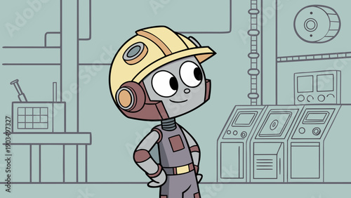 Cartoon robot engineer, technological helmet, confident posture.