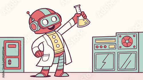 Cartoon robot scientist, stylized lab coat, technological bottle in hand.
