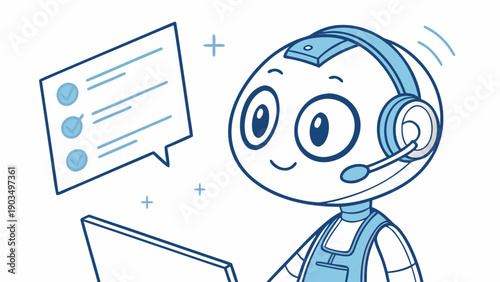 Cartoon robot virtual assistant, digital headset, attentive expression.