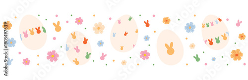 Easter eggs banner with bunny silhouettes and flowers. Cute spring background for holiday design. Flat vector illustration isolated on white background.