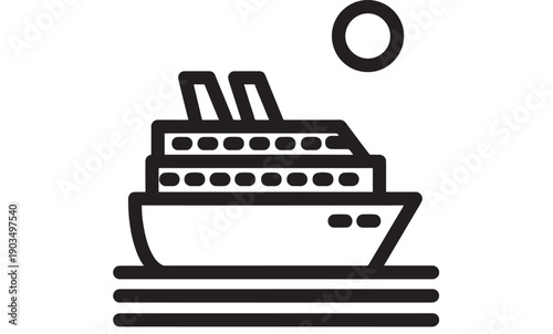 Ship cruise liner icon in bold black silhouette on white background, flat pictogram showing passenger vessel sailing at sea with sun circle, simple travel symbol