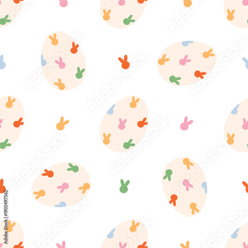 Seamless Easter eggs pattern with colorful bunny icons. Cute spring repeating background for textile and packaging. Flat vector illustration isolated on white background.