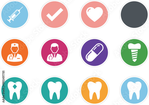 Colorful medical and dental flat circle icons set with doctor syringe heart tooth implant healthcare symbols