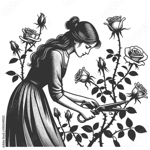 woman trimming roses with thorns, symbolizing growth, boundaries, and emotional self-maintenance sketch engraving generative ai vector illustration. Scratch board imitation. Black and white image.