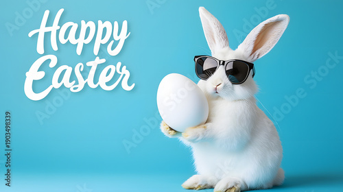 A bunny wearing glasses holding a large Easter egg in its paws on a blue studio background with the inscription 