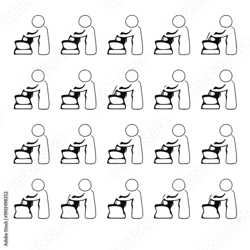 A grid of simplistic black and white line drawings depicting people sitting in chairs
