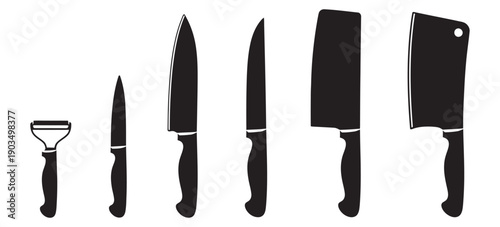 Kitchen Knives And Peeler Silhouette, Variety Of Knives Paring To Cleaver Culinary Tools Food Preparation Vector Icon Set
