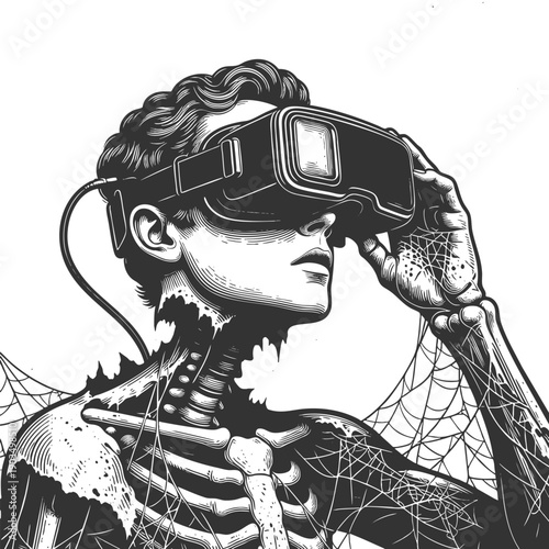 man wearing VR goggles, with half his body transforming into a digital skeleton structure sketch engraving generative ai vector illustration. Scratch board imitation. Black and white image.