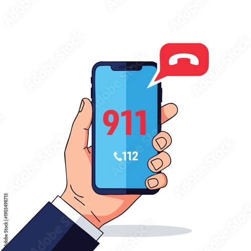 Hand holding smartphone with emergency call screen