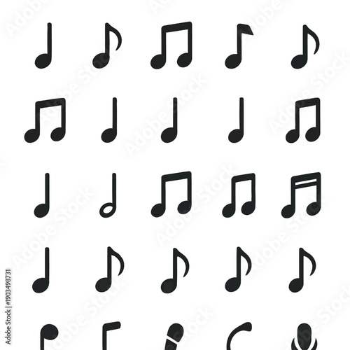 A collection of various black musical notes and symbols arranged in a grid pattern