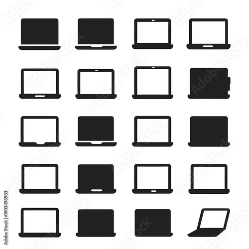 A collection of diverse laptop silhouettes and outlines black and white arranged in a grid pattern